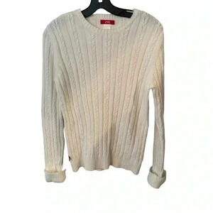 Ann Klein sport women’s white cable knit sweater crew neck cuff sleeves size L